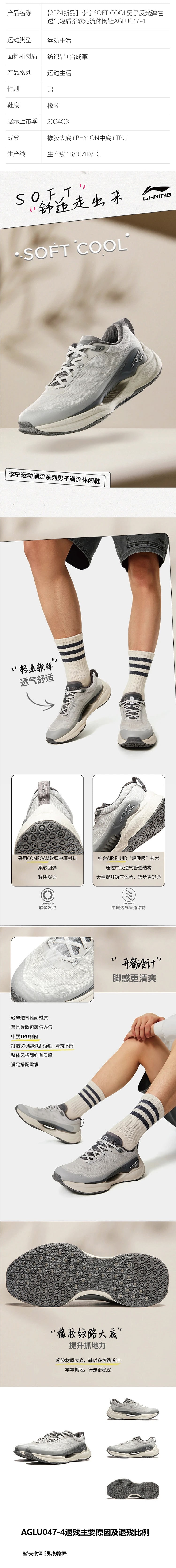 【2024新品】李宁SOFT COOL男子反光弹性透气轻质柔软潮流休闲鞋AGLU047-4